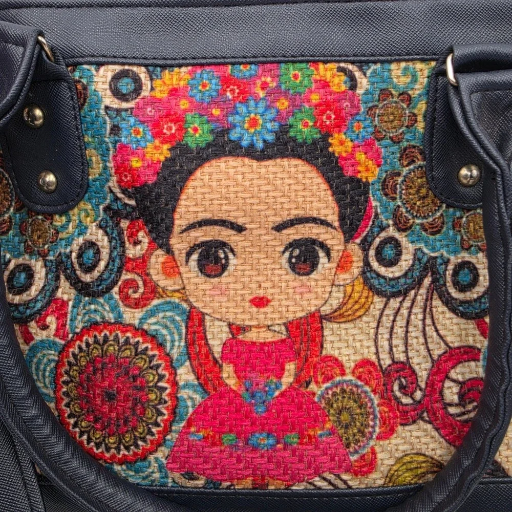 Frida Kahlo Woven Tapestry Satchel Bag Navy Blue Faux Leather Crossbody Handbag